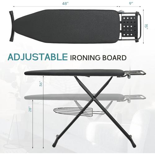 Ironing Board 48x15 in, RAINHOL Large Heavy Duty Ironing Boards Full Size with Pad and Cover, Height Adjustable Iron Stand with Storage Tray and Iron Rest, Black