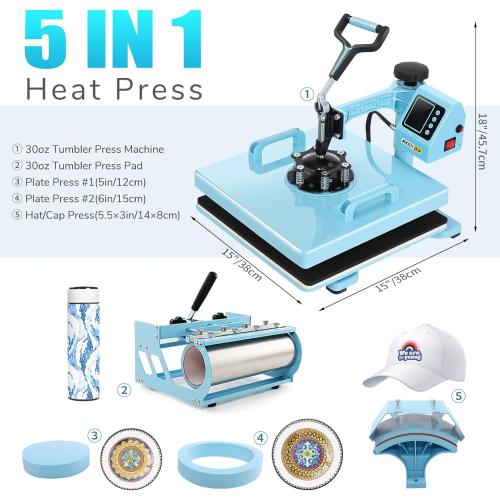 Heat Press Machine, 15x15 Heat Press for t Shirts with Attachment 30oz Sublimation Tumblers Press, Hat Press, Plate Printing, DIY Heats Transfer Press Vinyl for Beginners Blue