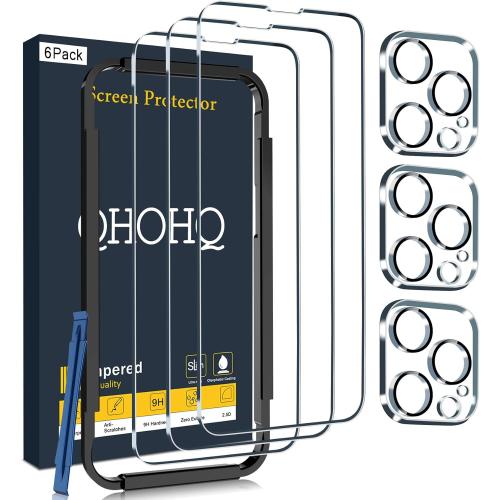 QHOHQ 3 Pack Screen Protector for iPhone 14 Pro Max 6.7 Inch with 3 Pack Tempered Glass Camera Lens Protector, Ultra HD, 9H Hardness, Scratch Resistant, Case Friendly