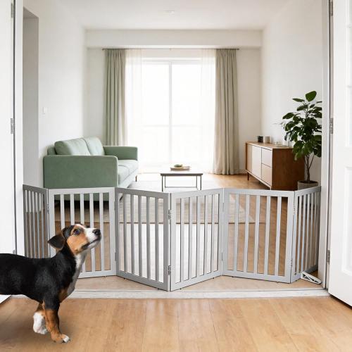 ZJSF Freestanding Indoor Dog Gate for House Foldable Wood Puppy Gate for Doorways Pet Gate for Stairs Extra Wide Pet Fence, Grey, 24 Height 6 Panels
