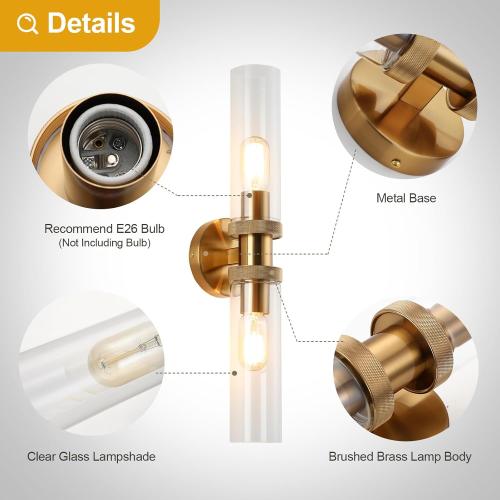 E26 Brushed Brass 2 Light Vanity Lights, Farmhouse Gold Modern Bathroom Wall Lamps with Glass Shade