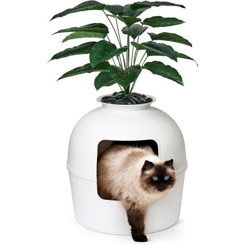 Secret Litter Box by Bundle & Bliss - Hidden Litter Box Enclosure, Patented Design with Odor Control,(NOT INCLUDED Faux Plant, Carbon Filter and Real Stones) Vivid White