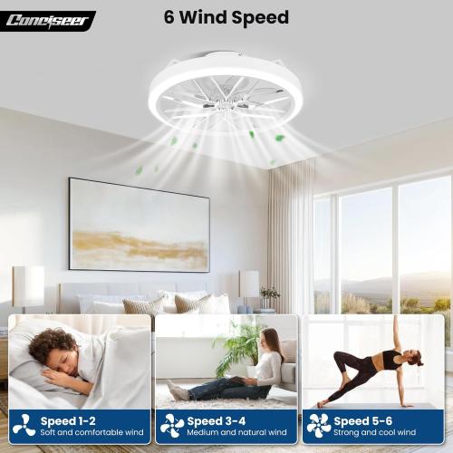 Conciseer Low Profile Ceiling Fan with Lights, 20 Inch Ceiling Fan with Light and Remote for Bedroom Living Room, 36W 3CCT Dimmable, 7 Blades 6 Speed Reversible Quiet DC Motor, LED 36W, White