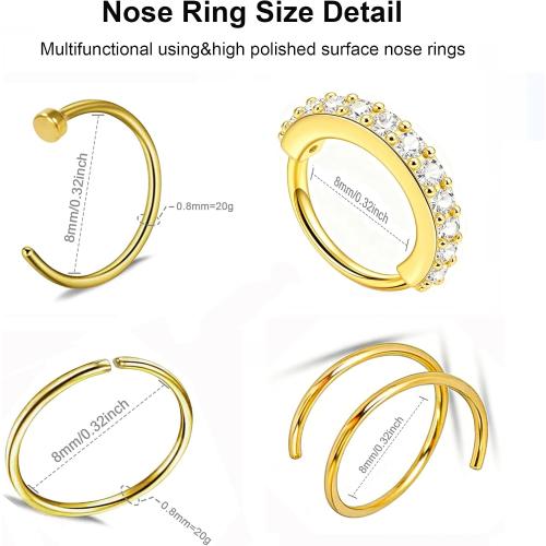 20G Surgical Stainless Steel Nose Rings Hoops & Studs - Hypoallergenic Nose Screw Piercing with 2-3mm Gold-Tone CZ, Multi-Size for Women Men