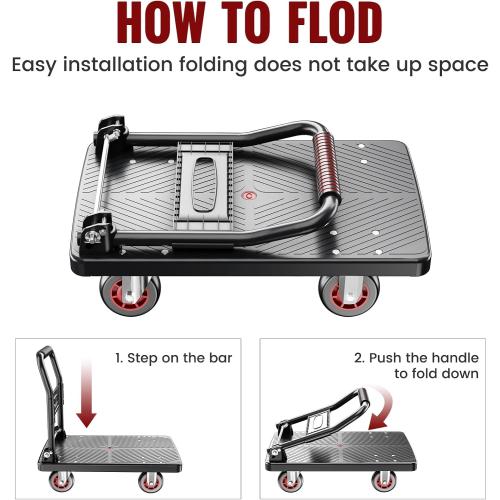 Upgraded Foldable Push Cart Dolly | 660 lbs. Capacity Moving Platform Hand Truck | Heavy Duty Space Saving Collapsible | 4‘’ TPR 360-Degree Silent Wheels | 2 Swivel Wheels and 2 Fixed Wheels