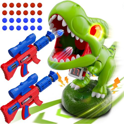 Realistic Dinosaur Moveable Shooting Toys, 2 Pack Launchers with Aiming, Roaring Dino Eyes & Belly Glow, LCD Score Record, Stocking Stuffers for Kids Toys Gifts for Boy Ages 3 4 5 6 7 8 9 10  Year Old