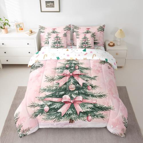Cartoon Xmas Tree Bed in a Bag 7pcs for Girls Princess Christmas Bedding Set, Pink Bowknots Queen Size Comforter Set Happy New Year Festival Decorative Bedding Comforter Sets, Watercolor Bed Set