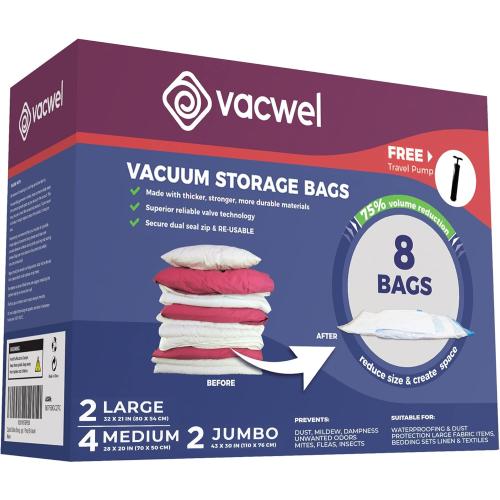 8-Pack Variety - Ziplock Vacuum Storage Bags for Clothes - Space Saver Bags for Packing Clothes - Vacuum Space Savers – 2xJumbo (43x30in)  2xLarge (32x21in)  4xMedium (28x20in)   Bonus Hand Pump