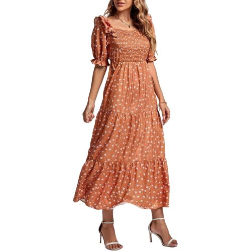 Rooscier Women's Floral Print Ruffle Shirred Swing Puff Short Sleeve Elegant Maxi Dress size medium