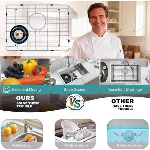 Stainless Kitchen Sink Protector - 22 x 15 with Rear Drain | S304 Sink Grids for Bottom of Kitchen Sink, Rear Drain for Single Bowl Workstation Sink with Corner Radius