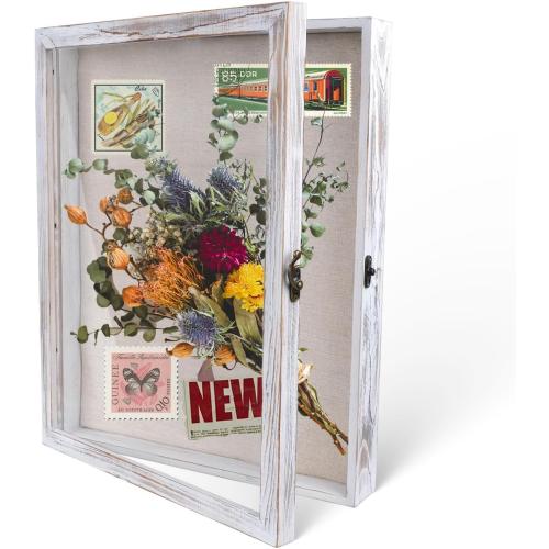 Shadow Box Fram 13x16, White Flower Shadow Box, Graduation Shadow Box with Glass Window and Metal Lock, Wall Display Case, Large Shadow Boxes Display Cases (13*16)