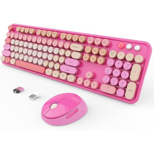 SkyGive Wireless Keyboard and Mouse Combo, Ergonomic Full Size Typewriter Retro Round Keycaps Keyboard, Compatible with Windows, PC, Perfer for Home and Office Keyboards （Red）