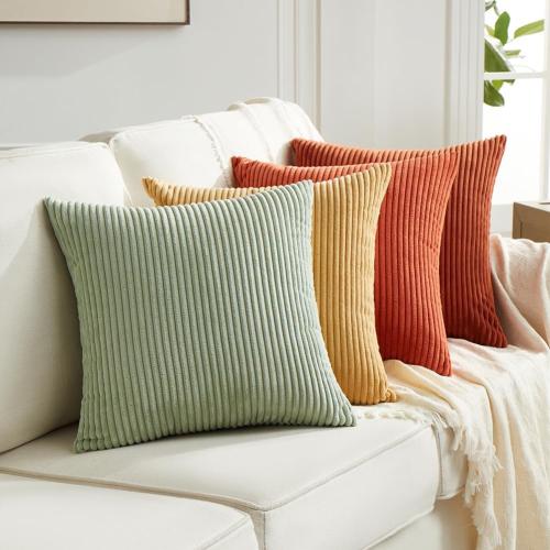 Fancy Homi Set of 4 Boho Decorative Throw Pillow Covers  for Couch Bed Sofa Bedroom, Aesthetic Modern Home Decor, Soft Fluffy Textured Corduroy Square Colorful Cushion Case