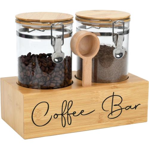 Glass Coffee Canister Set with Bamboo Shelf & Spoon - 2 Airtight Containers (47oz Each) for Coffee Beans, Ground Coffee, Sugar, Flour - Borosilicate Glass & Bamboo Lid with Silicone Seal