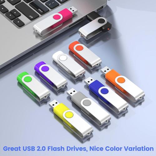 1GB Flash Drive 10 Pack, USB 2.0 Memory Stick with Lanyards Swivel Thumb Drives Bulk 1GB Pendrive U Disk for Data Storage (Mixcolors)