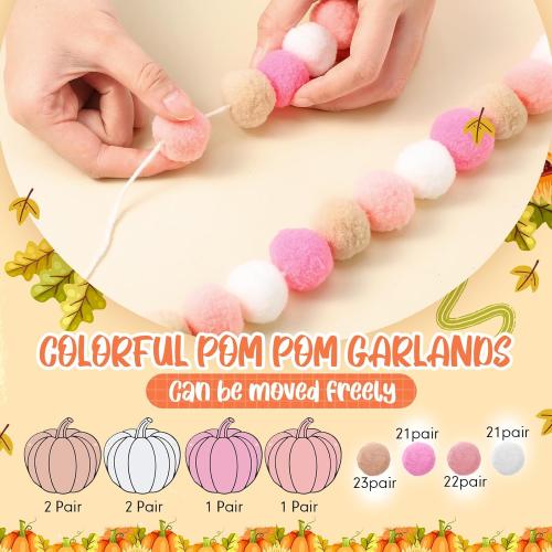 Breling 3 Pcs 10 ft Fall Felt Ball Garlands Pink Pumpkin Felt Pom Pom Banner Autumn Pumpkin Garland Decorations Festive Harvest Hanging Decorations for Fall Thanksgiving Home Wall Mantle Hanging Decor