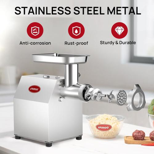 Electric Meat Grinder #8, 0.5HP Heavy Duty Industrial Stainless Steel Meat Mincer, Sausage Stuffer with 2 Blades, 2 Plates & 3 Sausage Tubes, Meat Grinder Machine for Home Use Butchering