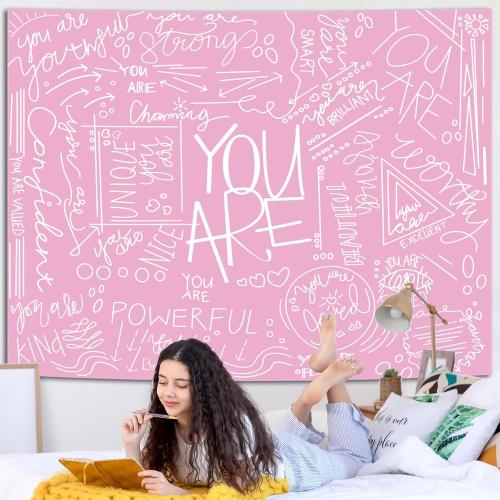 Miytal Quote You Are Inspirational Wall Tapestry, Positive Saying Wall Art Wall Hanging Pink Aesthetic Tapestry for Teen Girl Bedroom Dorm 51.2 x 59.1 Inches - White Pink