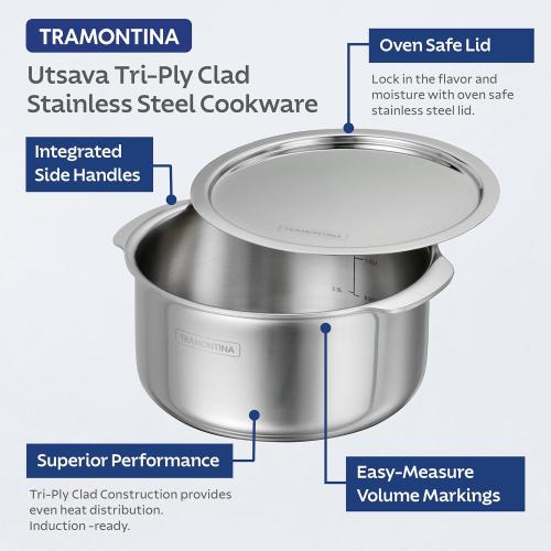 Tramontina Utsava 1.75-Quart Tri-Ply Clad Stainless Steel Tope with Lid, Small Patila Pot for Indian Cooking