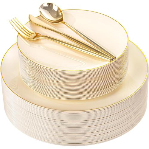 Ivory Plastic Plates with Gold Rim,Nice Disposable plates,Gold Plastic Plates,Ivory Disposable Plates Set include 30 Dinner Plate,30 Dessert Plates