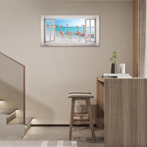 Flamingo Beach Ocean Large Wall Art Coastal Pictures Wall Decor Pink Flamingos Landscape 3d Window Big Canvas Prints Framed Modern Painting Artwork for Hotel Bathroom Living Room Office 60x30