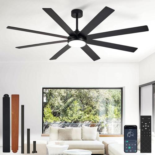 Depuley 66 Ceiling Fans with Lights: Black Indoor/Outdoor Ceiling Fan for Patios Living Room - 8 Blades Dimmable Large Ceiling Fans with Remote APP Control Timer Reversible Quiet DC Motor 6 Speeds