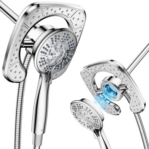 High Pressure Shower Heads, 7.2Inch 2 in 1 Rainfall Shower head & Handheld Showers with Magnetic Docking System, Ten-Function Handheld Shower Head with 59 Rotatable Stainless Steel Hose (Chrome)