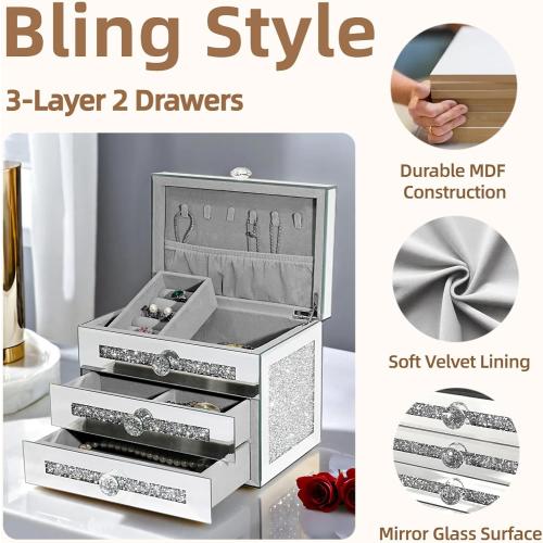 Mirrored Jewelry Box, 3-Layer Glass Jewelry Organizer with Lid & 2 Drawers, Silver Crushed Diamond Home Decor, Fancy Gift for Her (9.3 L x 6.3 W x 7.1 H)‼️ slight imperfection with diamonds on right side small light scratches on glass‼️