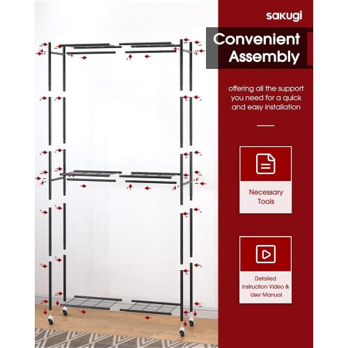 Sakugi Clothes Rack - 33.0 x 12.2 x 79.5 Clothing Rack with Shelves & Wheels, Multi-Functional Wardrobe Closet with Hooks, Sturdy Metal Garment Rack for Bedroom, Laundry, Balcony (Black)