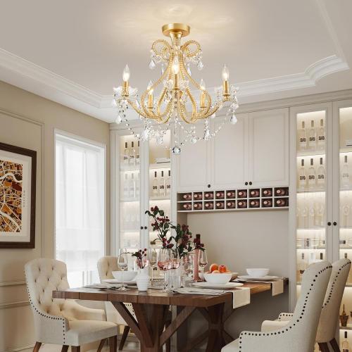 WUZUPS 5-Light Crystal Candle Chandelier Flushmount Ceiling Light Modern Lighting Fixture for Bedroom Hallway Bar Kitchen Bathroom, H 20.9 W 22, E12 Base, Gold