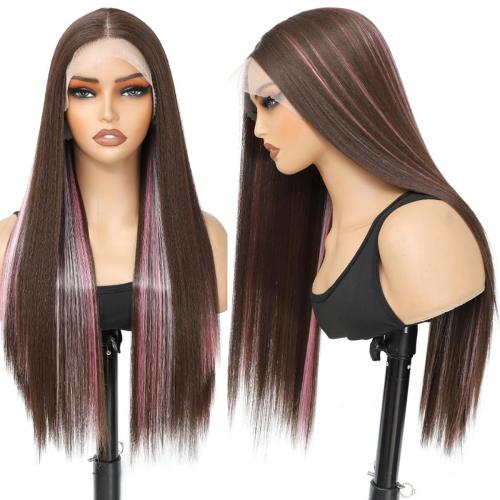 Synthetic Lace Front Wig 13X4X1 Inch Lace Front Wig 24 Inch Cheap Straight Lace Front Wigs Synthetic Wigs For Black Women Pre-Plucked Cheap Wigs Dark Brown/Pink