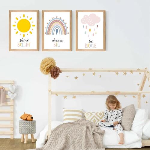 Set of 3 Framed Boho Nursery Wall Art Prints Decor,12x16”Rainbow Weather Wall Decor Inspirational Canvas Wall Art Prints Framed Nursery Children Artwork for Kids Playroom Bedroom Decoration