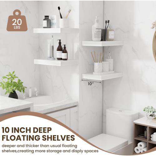 Fun Memories Wood Floating Shelves 16 Inch, 10 Inch Deep Shelves Wall Mount, Wall Shelves with Invisible Bracket, 16 Floating Shelves for Living Room Bathroom Bedroom, White, Set of 2