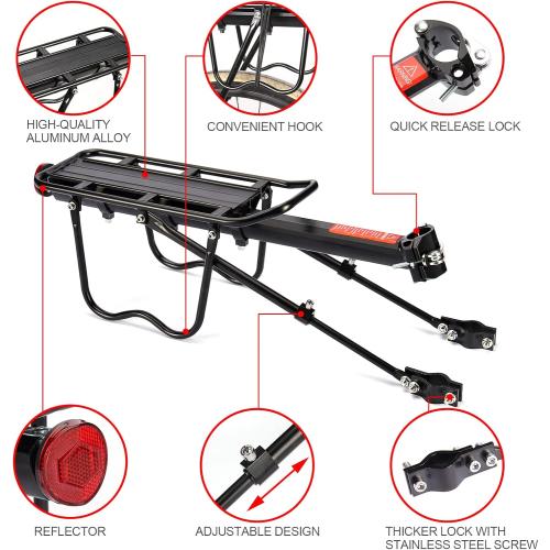 Rear Bike Rack, 110 lbs / 50KGS Bike Cargo Racks Frame Aluminum Alloy Universal Adjustable Cycling Equipment Stand Footstock Bicycle Luggage Carrier with Tools and Reflector for 26-29 Frames