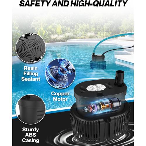 AgiiMan 850GPH Pool Cover Pump, Submersible Sump Pump above Ground | 16FT Drain Hose, 25FT Power Cord, 3 Adapters, Compact Design, Fast Water Removal for Pool Covers and Above Ground Pools