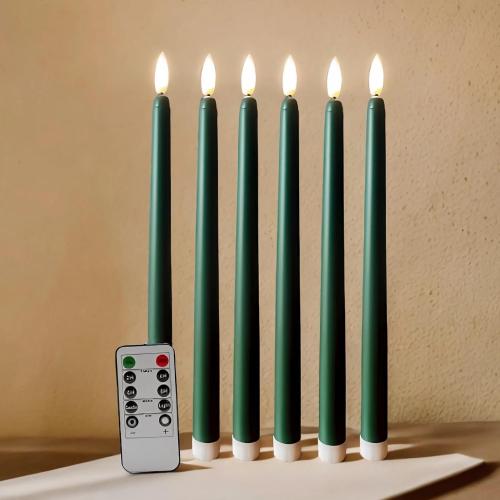 6 Pack Green Flameless Taper Candles with Remote Timer, Flickering Battery Operated LED Candlesticks Set of 6