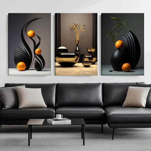 Framed Black Abstract Canvas Wall Art Three-Dimensional Sculpture Ceramic Wall Deco Pictures Modern Still Lifes orange Black Shape Posters Prints for Living Room Bedroom Bathroom Home Decoration