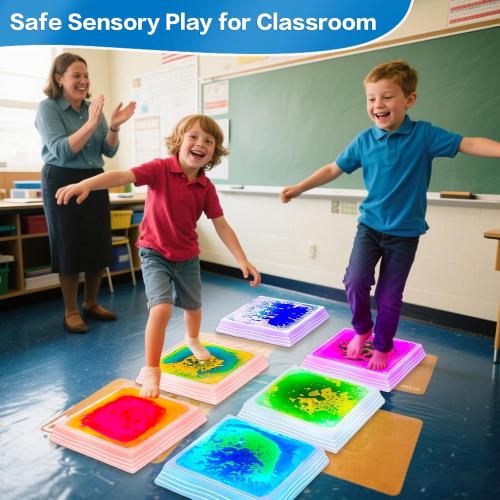 Light Up Sensory Floor Tiles for Kids - 12x12 Inch Liquid Play Mat with 7 Colors Led Lights, Non-Slip Puzzle Play Mat for Home and Classroom, Autism Sensory Toys for Toddlers Ages 3-7 (Pack of 6)