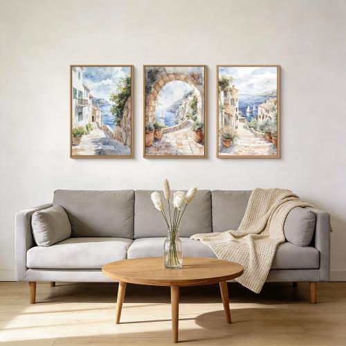 LHIUEM Watercolor Italy Coast Framed Canvas Wall Art,Modern Europe Countryside Wall Decor,Seascape Painting,Neutral Mediterranean Artwork for Living Room,Bedroom,Dining Room -16x24x3