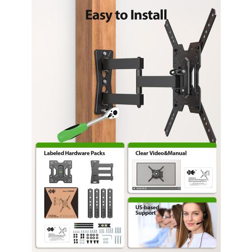 USX MOUNT UL Listed Full Motion TV Mount, Swivel Articulating Tilt TV Wall Mount for 26-55Inch LED, 4K, Wall Mount Bracket with VESA 400x400mm Up to 77lbs, Perfect Center Design -XMM006-1