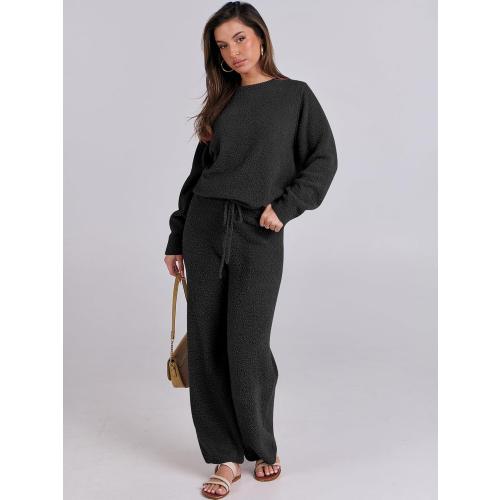ANRABESS Women's Fuzzy  Pajama Sets 2 Piece Outfits Long Sleeve Top Wide Leg Pants Lounge Matching Set 2025 Fall Winter size XS