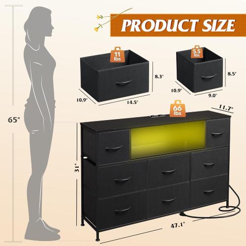 Black 11.7D x 47.2W x 31H WLIVE Black TV Stand for 45, 50, 55 inch TV, Entertainment Center with LED Lights & Charging Station, TV Media Console Table with 8 Fabric Drawers and Open Shelves for Living Room, Hallway, Wood Top
