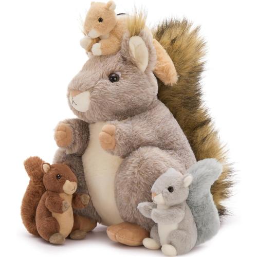 MaoGoLan 4Pcs Squirrels Stuffed Animal, Realistic Squirrel Plush Toys with 3 Baby Squirrels for Small Hand, Adorable Stuffed Squirrels Gift for Forest Animal Lover,Girls,Boys,Kids,Baby Shower