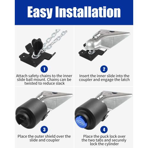 Trailer Lock Fits 2 Inch Couplers, Secures Safety Chains Anti-Theft Ball Hitch Lock, Pry-Resistant & Heavy-Duty Trailer Hitch Locks for RV | Boat | ATV | Utility Trailer (Blue)