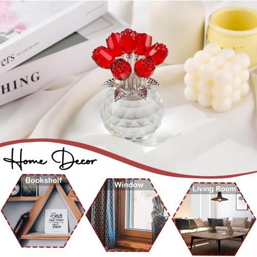 Crystal Red Rose Bouquet Figurine with Round Vase, Glass Rose Flower Romantic Gifts for Women Mom on Birthday, Collectible Decoration Table Centerpiece for Home