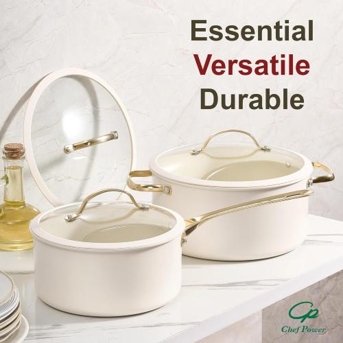 Chef Power Ceramic Cookware Sets, 15Pcs Pots and Pans Set Non Stick, Cookware Set with Stainless Steel Handle, Dishwasher & Oven Safe, Cream White and Light Gold Handle