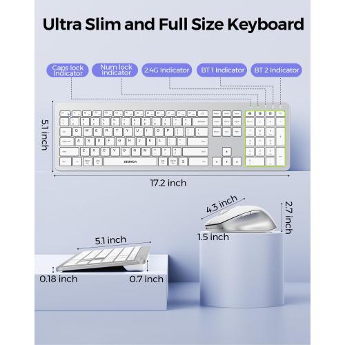 seenda Bluetooth Keyboard and Mouse, Wireless Keyboard Mouse Combo 2.4G Dual Bluetooth Multi-Device Connection Full Size Ultra-Slim Keyboard with Number Pad for Windows/Mac,White & Silver