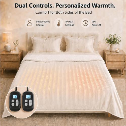 Electric Heated Blanket King Size 90 x 100, Soft Flannel for Bed, Couples, 10 Heat Settings, 1-12H Auto Shut Off, Dual Zone Controls, Overheat Protection, Machine Washable, White