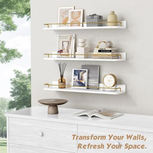 Forbena 24 Inch Bathroom Floating Shelves for Wall Set of 3, Gold Bathroom Shelves Over Toilet Wall Mounted with Rail, Decorative Hanging Shelf for Bedroom Office Living Room Decor (White and Gold)