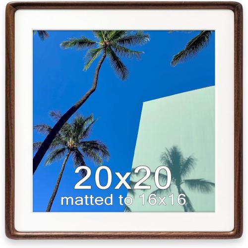 20x20 Square Frame, Solid Walnut Wood Poster Frame with Mat for 16x16 or 20x20 without Mat, Rounded Corner Walnut Wooden Frame, Gallery Wall Frames for Art